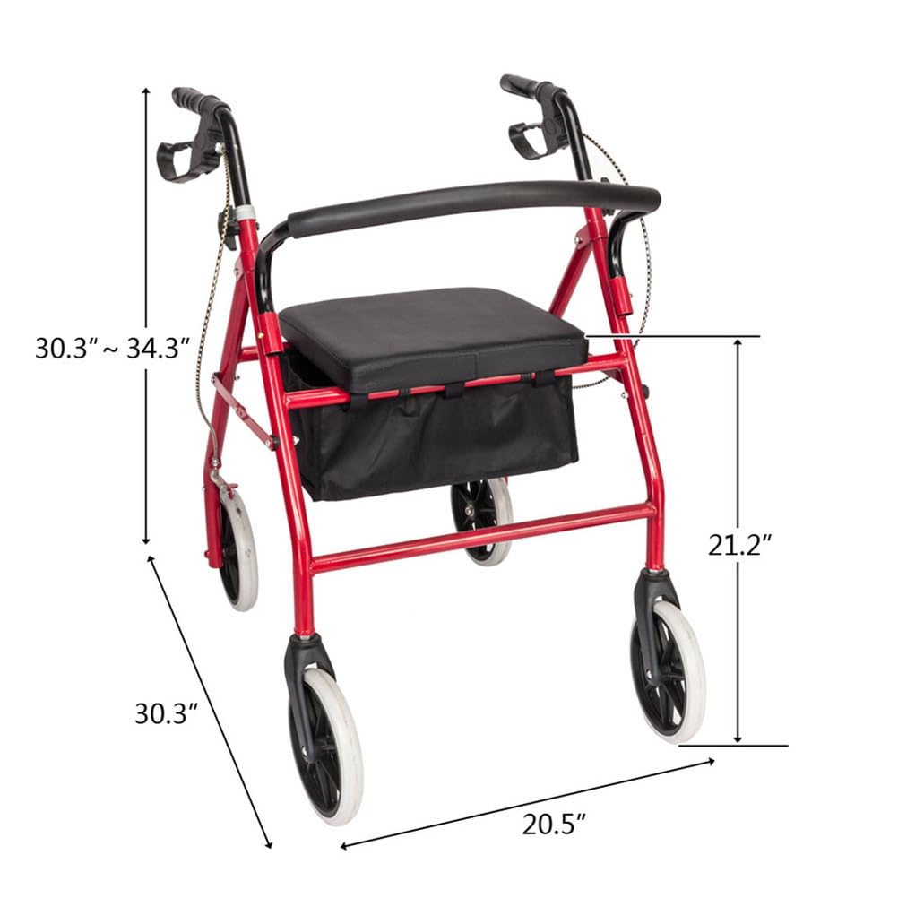 Lightweight Foldable Steel Rollator Walker with Seat, 8" Wheels, Red X923