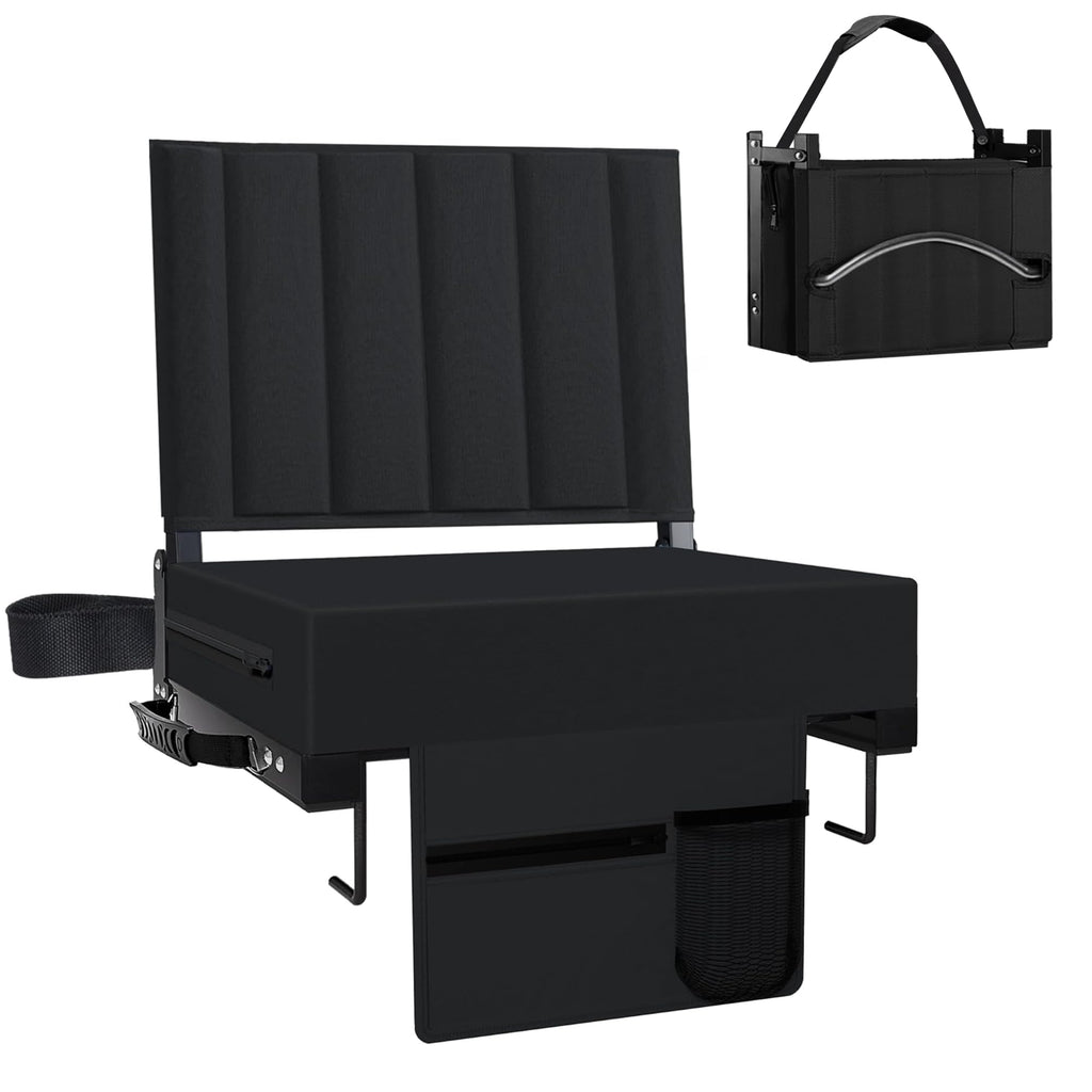 Black Padded Portable Folding Stadium Seat with Back Support and Cup Holder Y95532