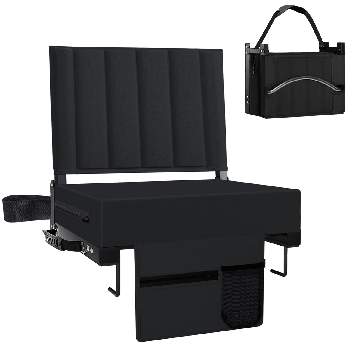 Black Padded Portable Folding Stadium Seat with Back Support and Cup Holder Y95532