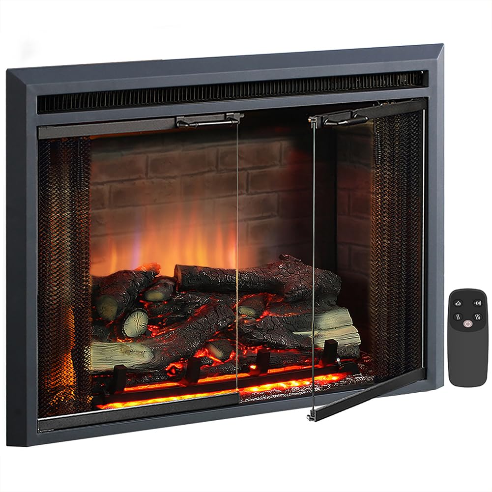 Black Electric Fireplace Insert with Glass Door and Mesh Screen, 750/1500W J10842