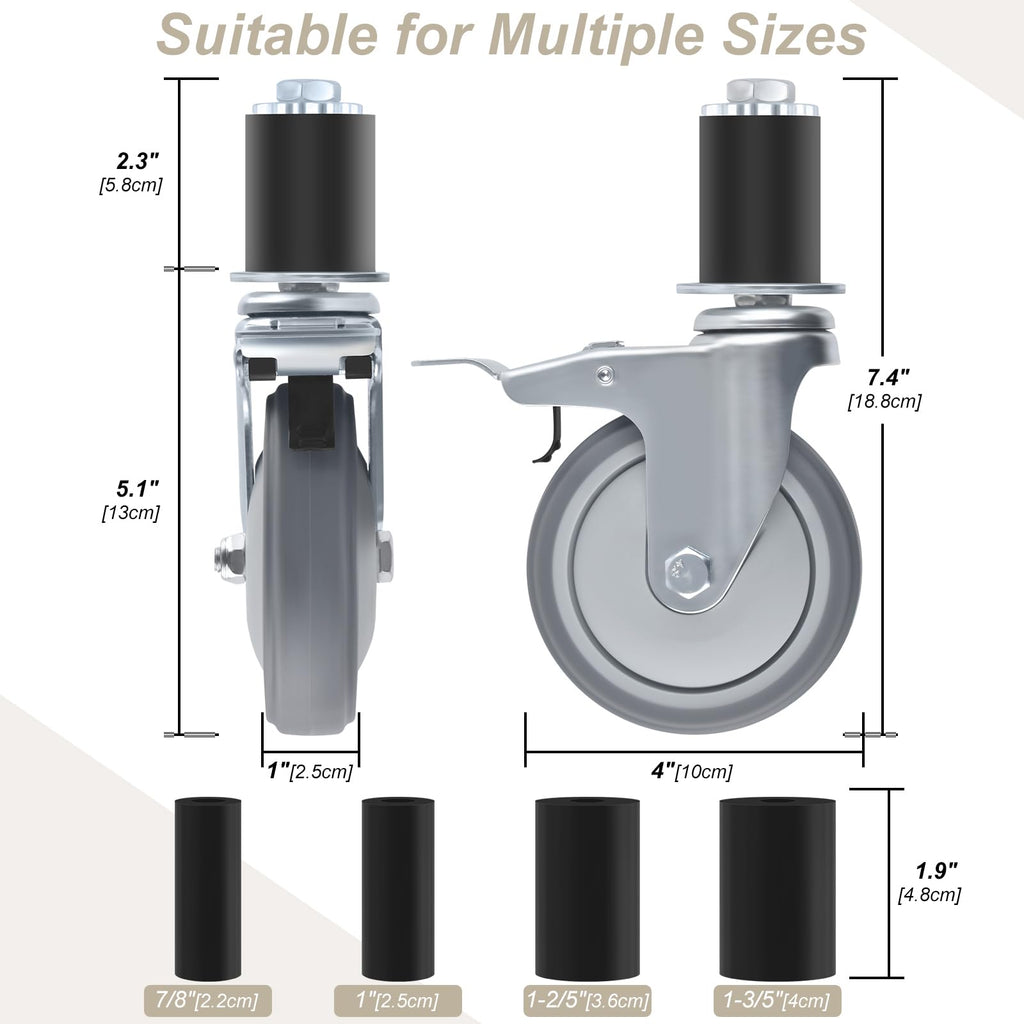 4 Inch Heavy Duty Expanding Stem Caster Wheels Set with Brake O3755