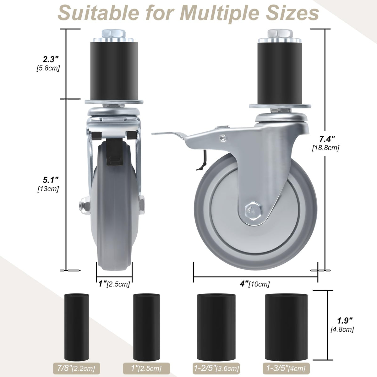 4 Inch Heavy Duty Expanding Stem Caster Wheels Set with Brake O3755