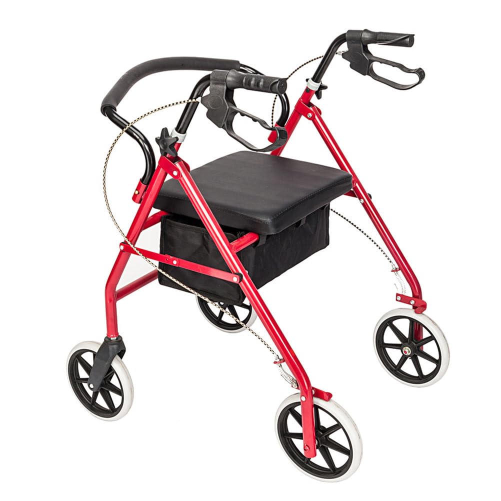 Lightweight Foldable Steel Rollator Walker with Seat, 8" Wheels, Red X923