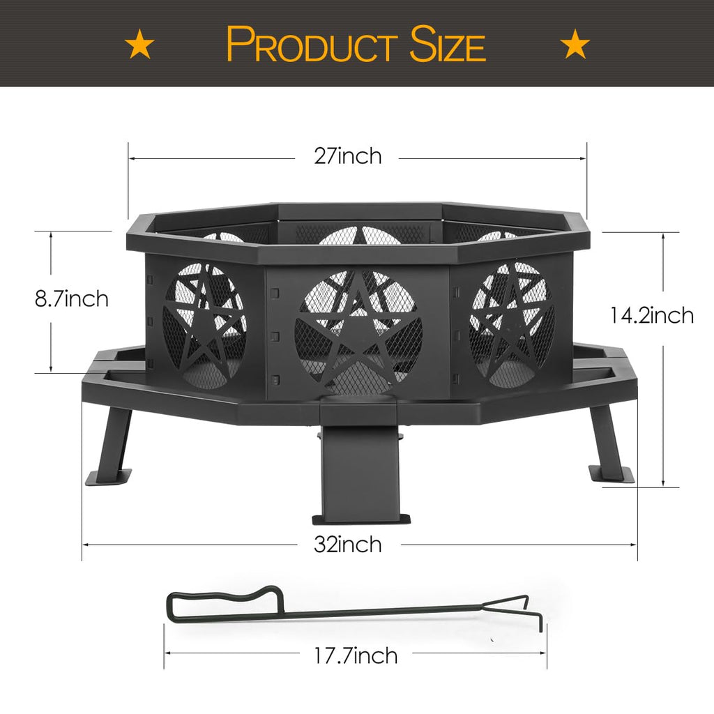 32 Inch Octagonal Fire Pit with Fire Poker Black D217