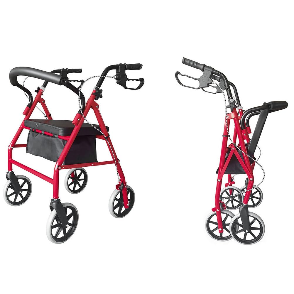 Lightweight Foldable Steel Rollator Walker with Seat, 8" Wheels, Red X923