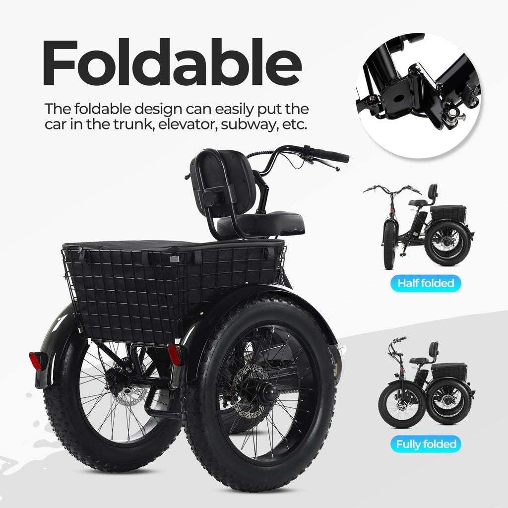 Folding Electric Tricycle for Adults, 20"x4" Fat Tire, Peak 500W 36V13Ah F962849