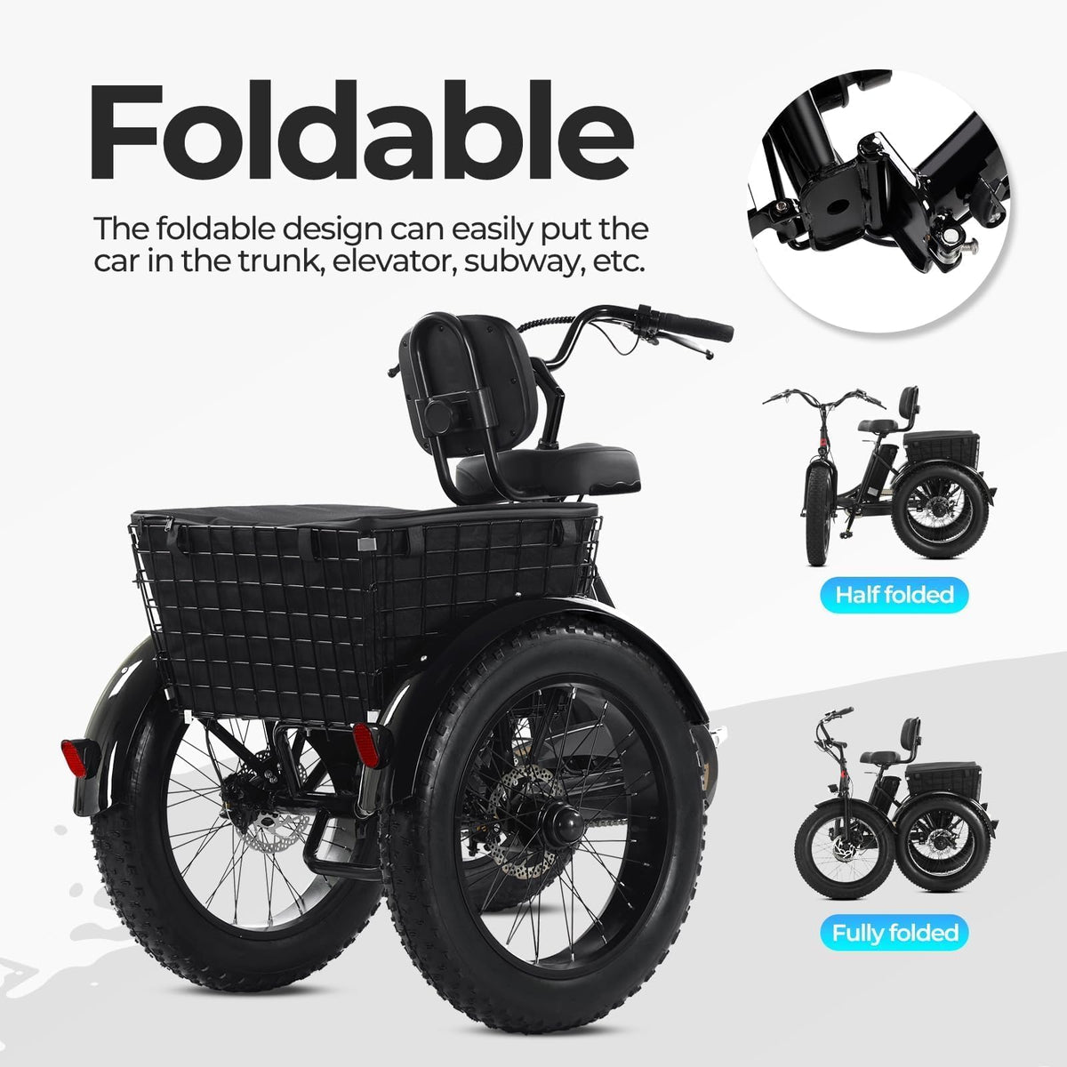 Folding Electric Tricycle for Adults, 20"x4" Fat Tire, Peak 500W 36V13Ah F962849