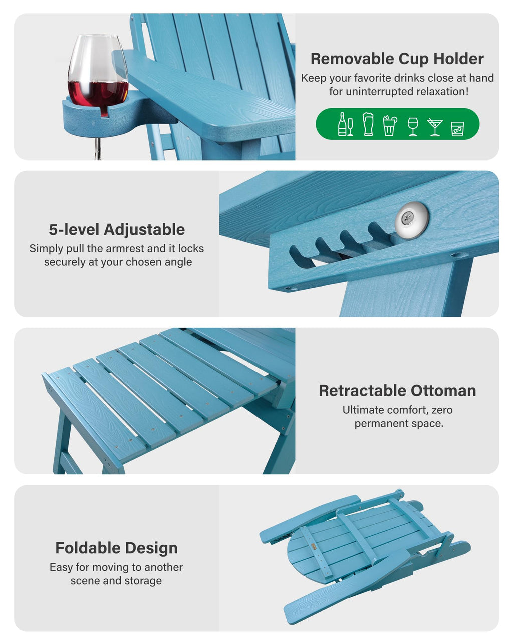 Blue Set of 2 Adirondack Chair with Footrest J9172