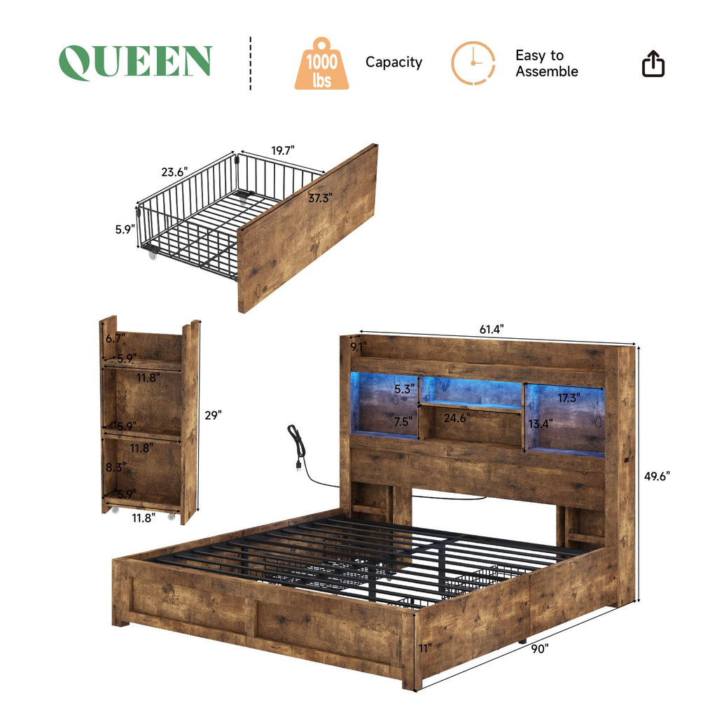 Full Bed Frame with Bookcase Headboard & Storage Y801865