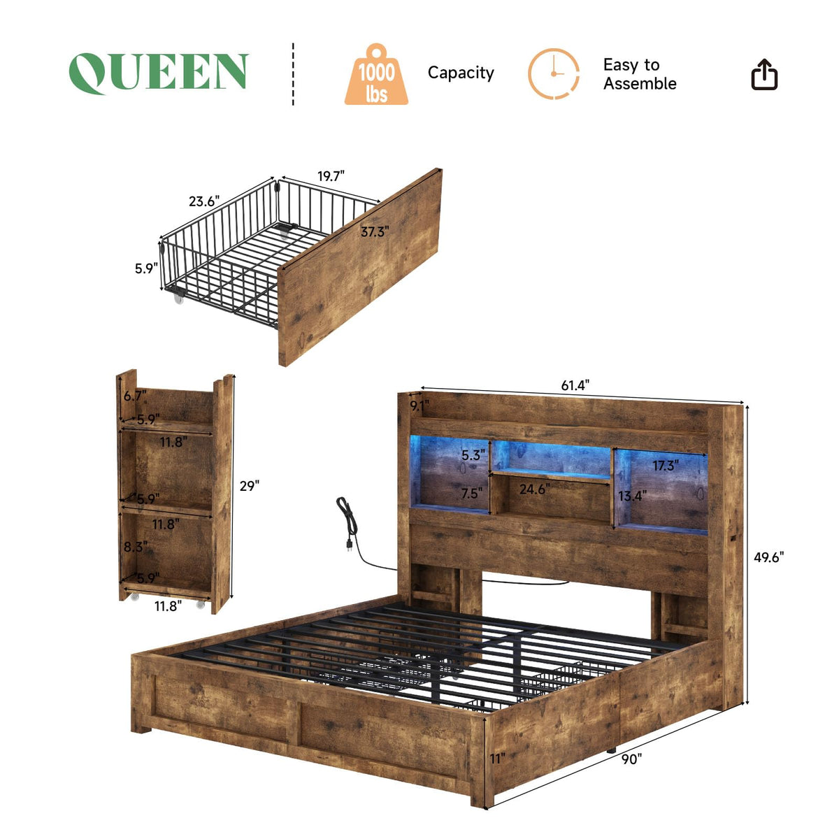 Full Bed Frame with Bookcase Headboard & Storage Y801865