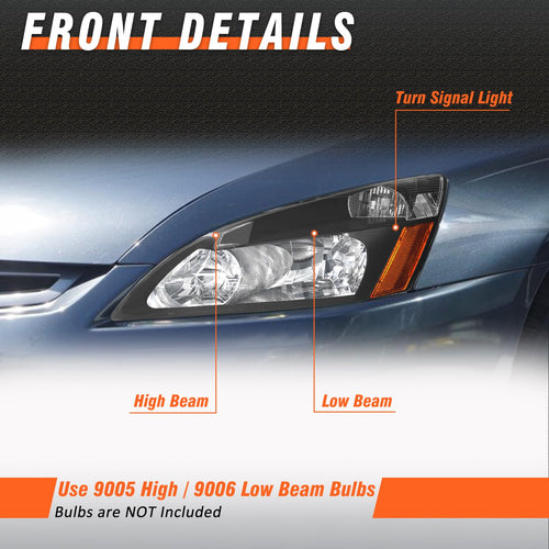 2003-2007 Honda Accord Black Headlights Assembly Pair M654