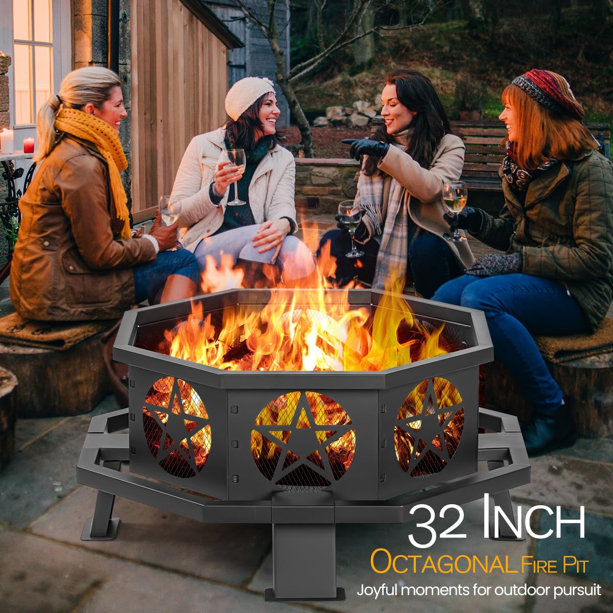 32 Inch Octagonal Fire Pit with Fire Poker Black D217