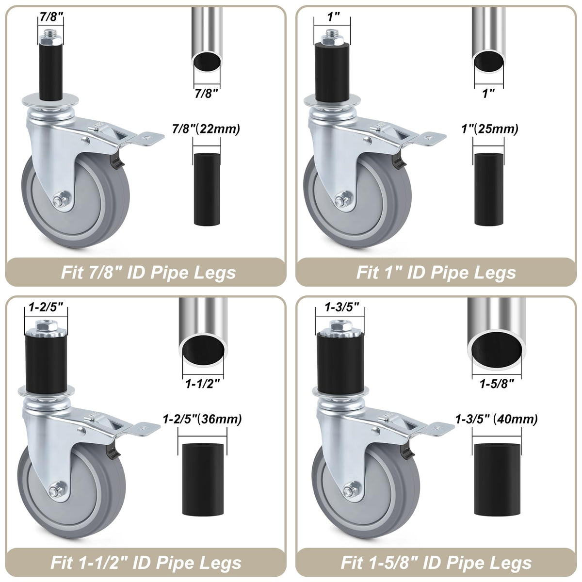 4 Inch Heavy Duty Expanding Stem Caster Wheels Set with Brake O3755