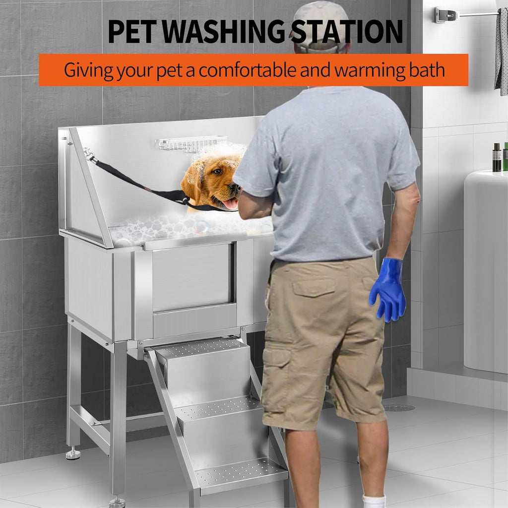 38 Inch Stainless Steel Dog Grooming Tub with Ramp B19176