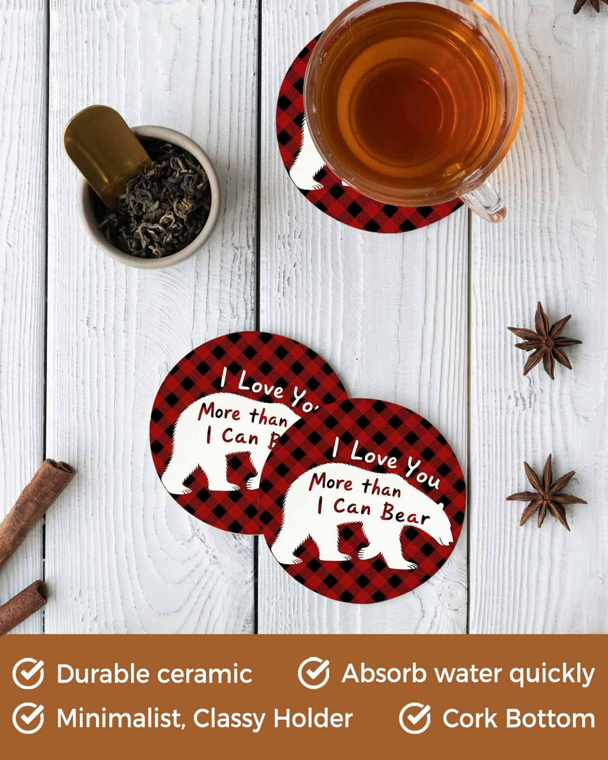 Set of 6 Bear Animal Absorbent Stone Ceramic Coasters with Holder W55195
