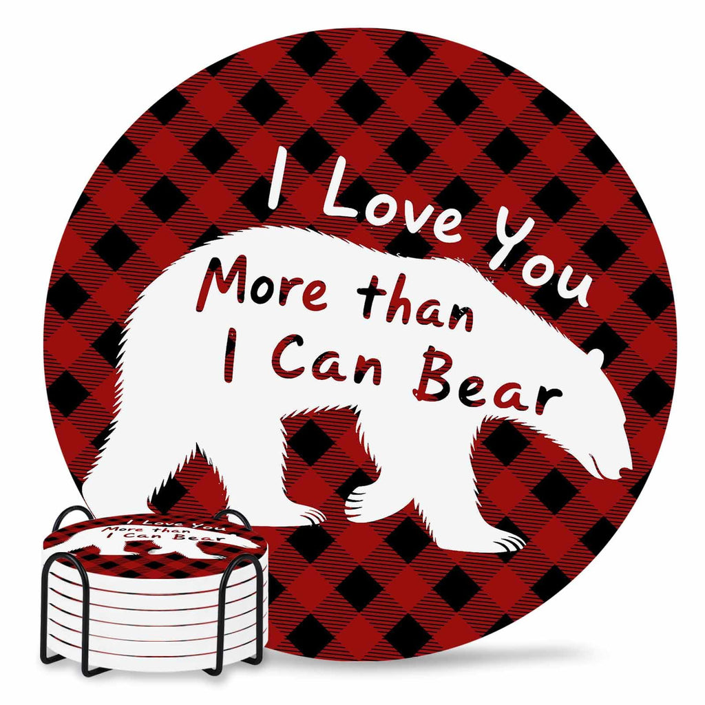 Set of 6 Bear Animal Absorbent Stone Ceramic Coasters with Holder W55195