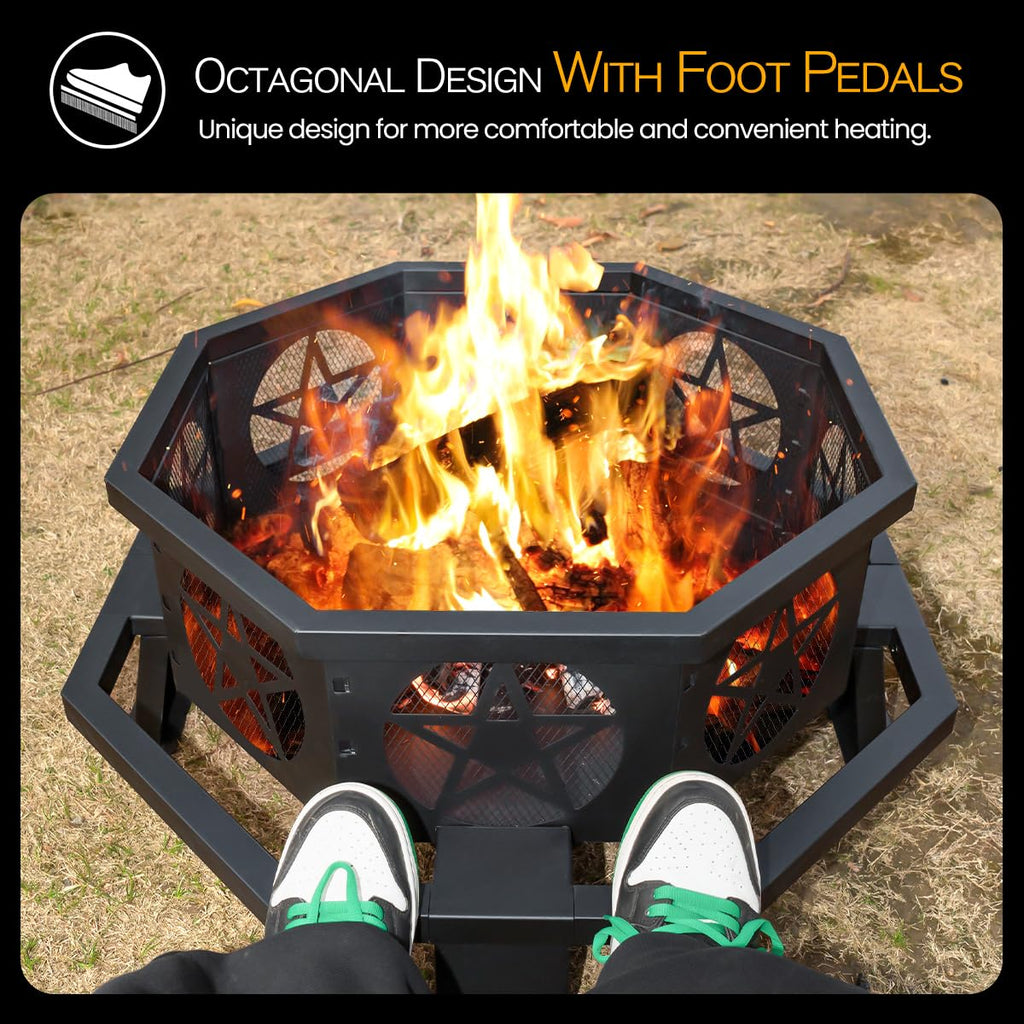 32 Inch Octagonal Fire Pit with Fire Poker Black D217
