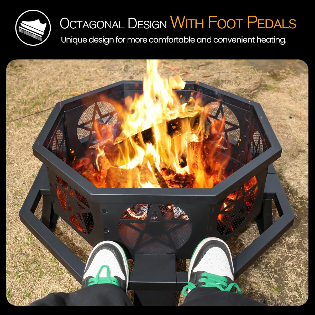 32 Inch Octagonal Fire Pit with Fire Poker Black D217