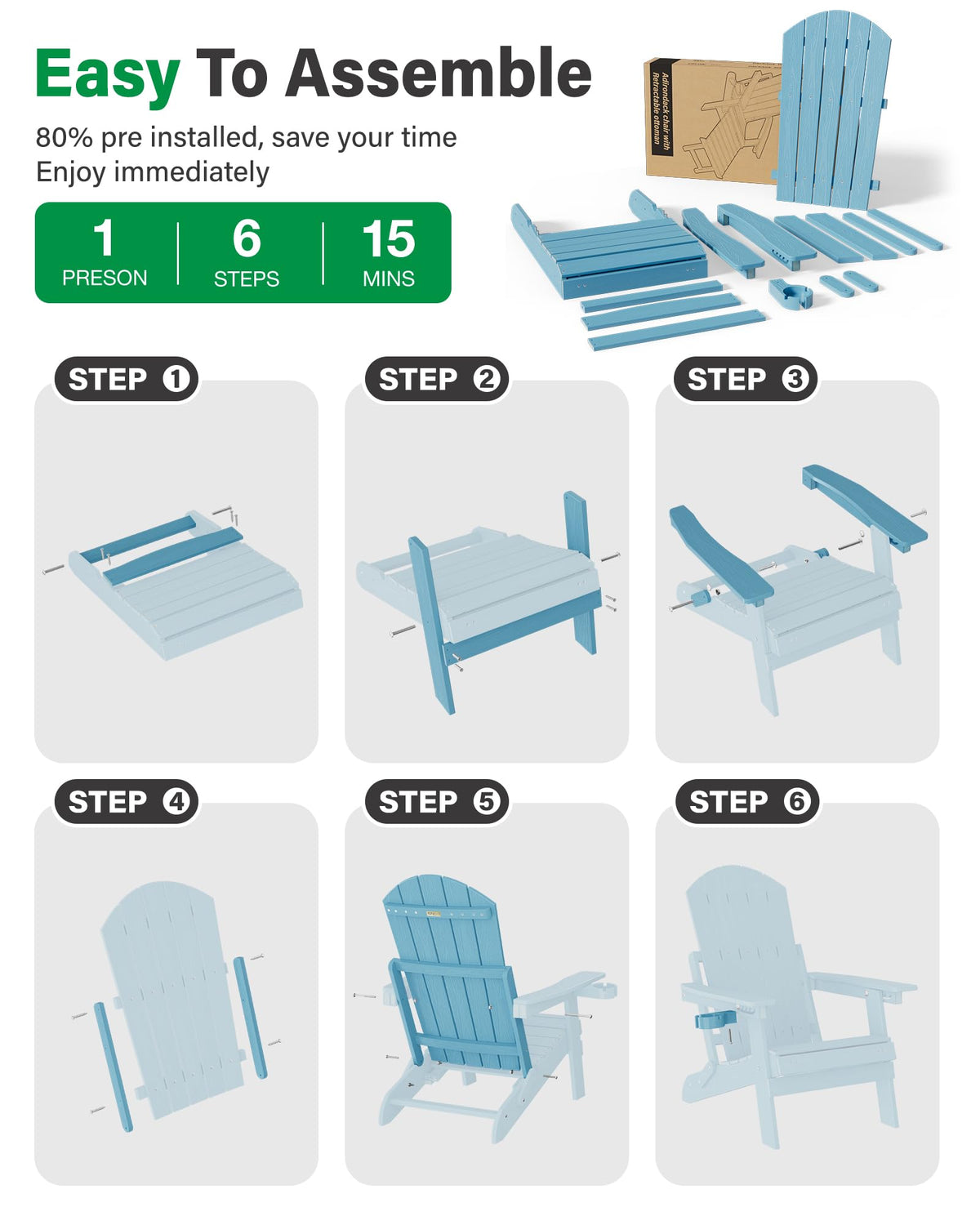 Blue Set of 2 Adirondack Chair with Footrest J9172