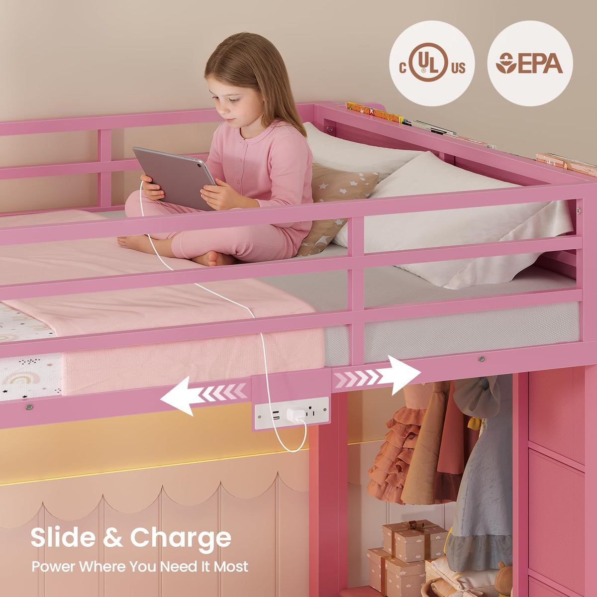 Pink Twin Over Twin Bunk Bed with Bookshelf & Storage Drawer S614