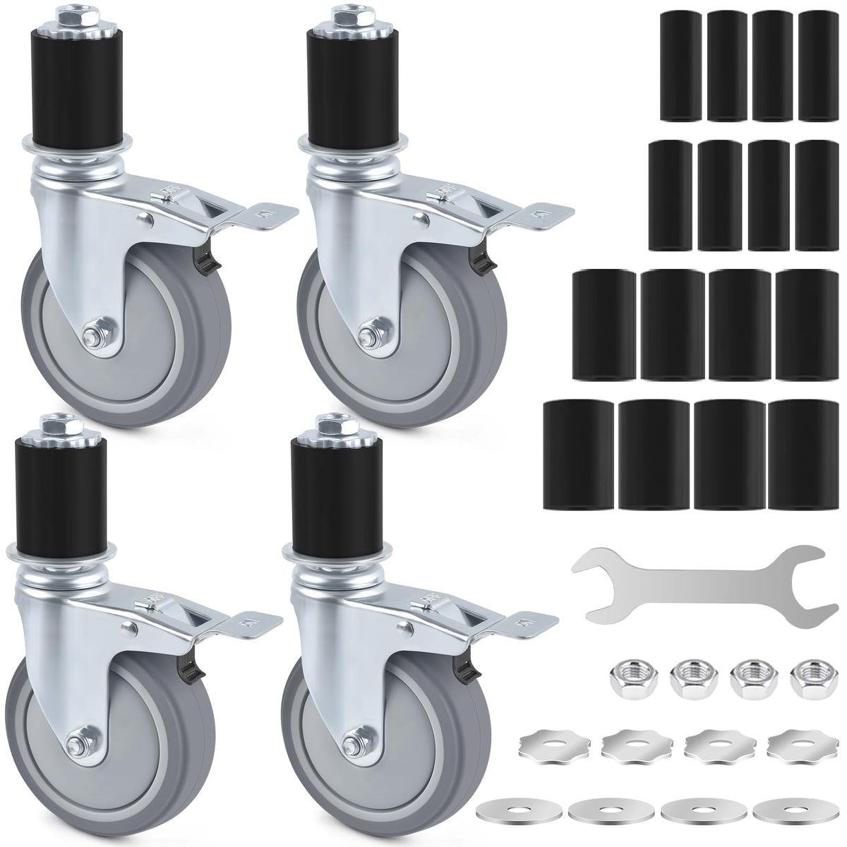 4 Inch Heavy Duty Expanding Stem Caster Wheels Set with Brake O3755