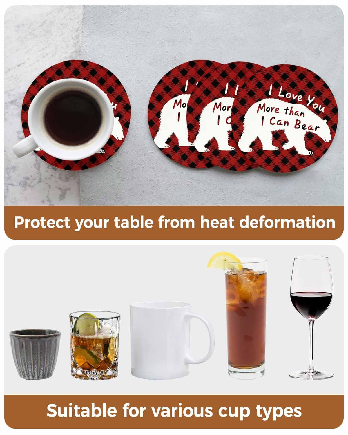 Set of 6 Bear Animal Absorbent Stone Ceramic Coasters with Holder W55195