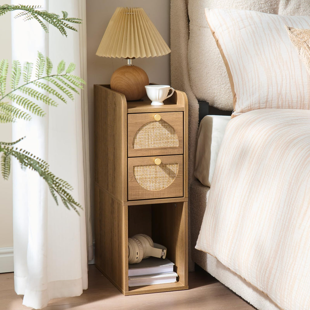 Narrow Rattan Wood Nightstand with 2 Drawers J44842