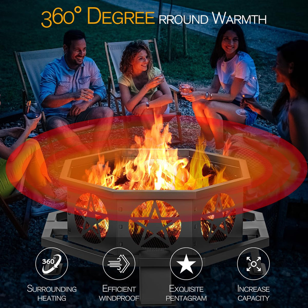 32 Inch Octagonal Fire Pit with Fire Poker Black D217