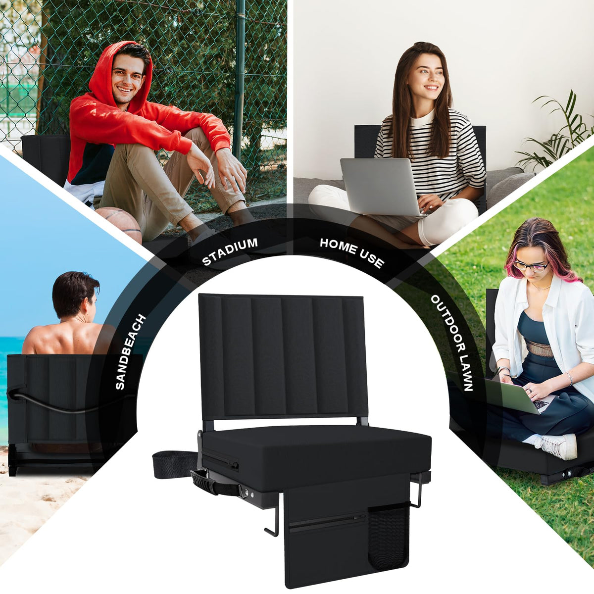 Black Padded Portable Folding Stadium Seat with Back Support and Cup Holder Y95532