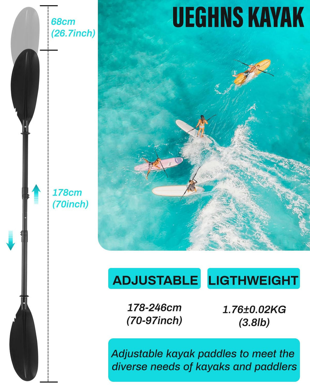 Kayak Paddles with Paddle Leash, 70in-97in Lightweight Paddling Blades N9107