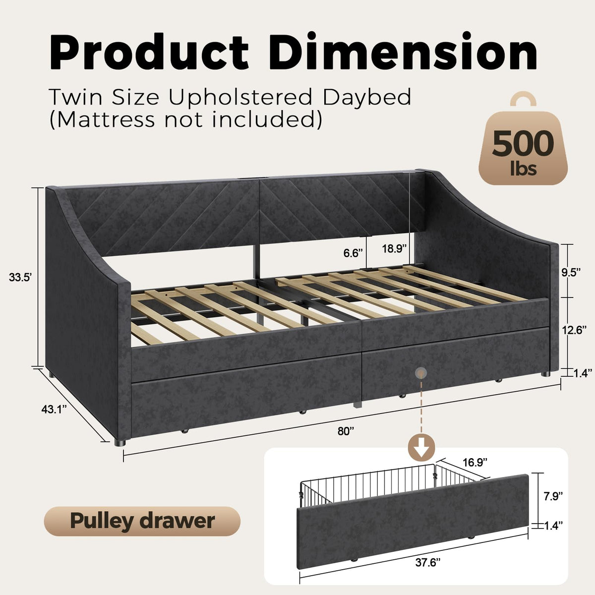 Twin Size Upholstered Daybed with 2 Storage Drawers M4832