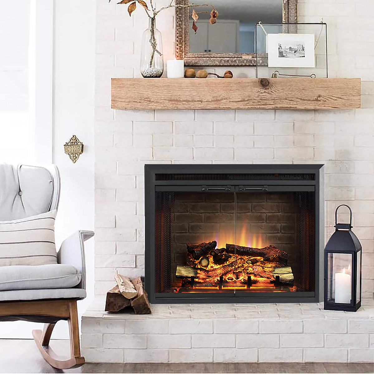 Black Electric Fireplace Insert with Glass Door and Mesh Screen, 750/1500W J10842