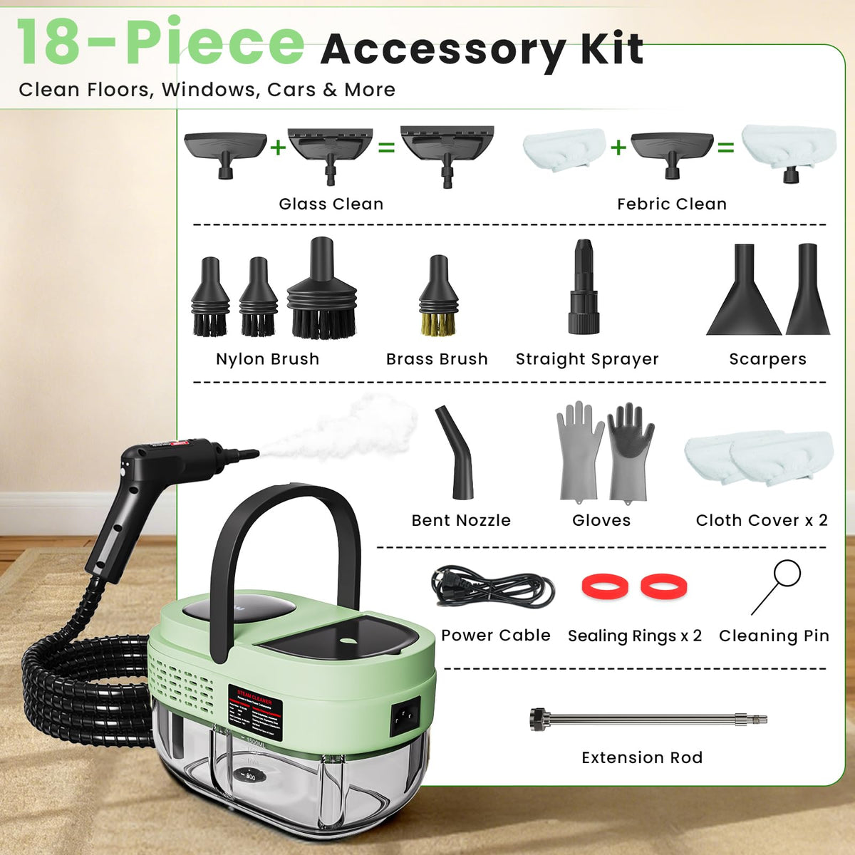 2500W Handheld Steam Cleaner, 3 Steam Levels, 1600Ml Tank V719