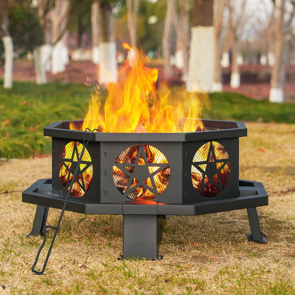 32 Inch Octagonal Fire Pit with Fire Poker Black D217