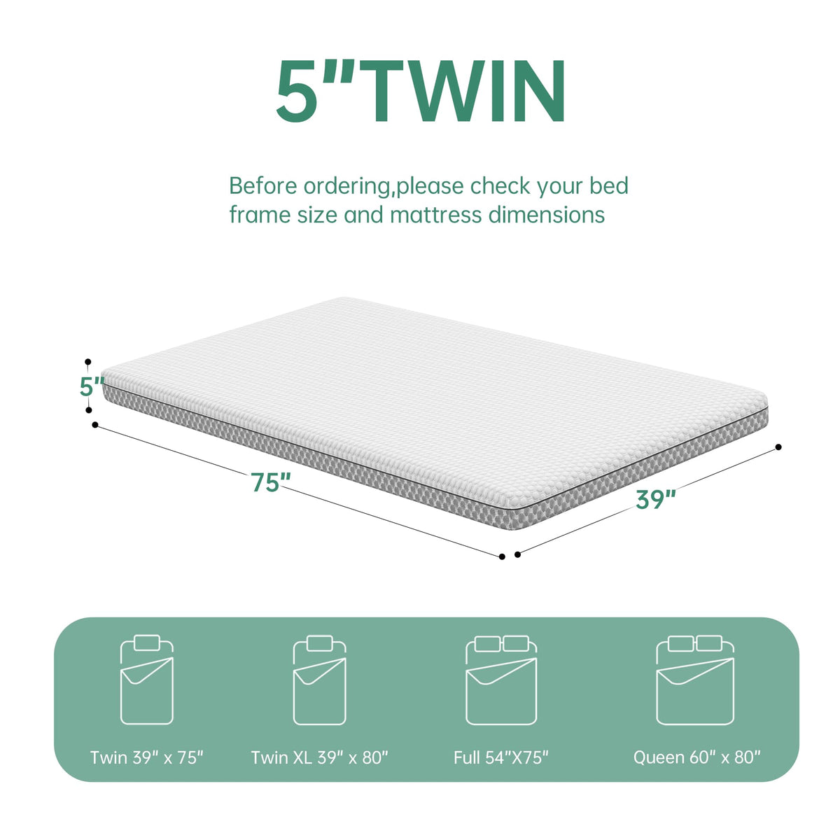 5 Inch Gel Memory Foam Twin Mattress Y475016