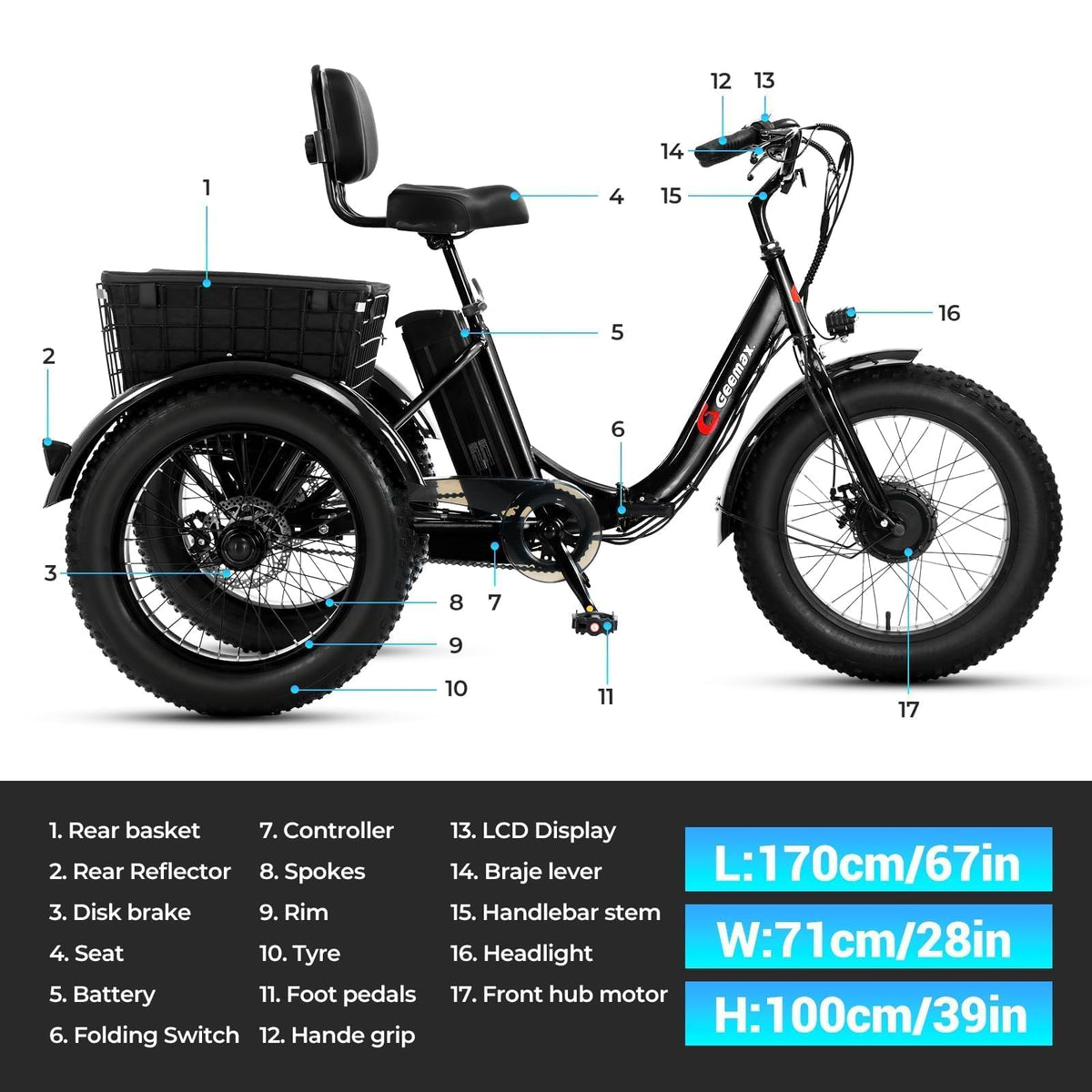 Folding Electric Tricycle for Adults, 20"x4" Fat Tire, Peak 500W 36V13Ah F962849