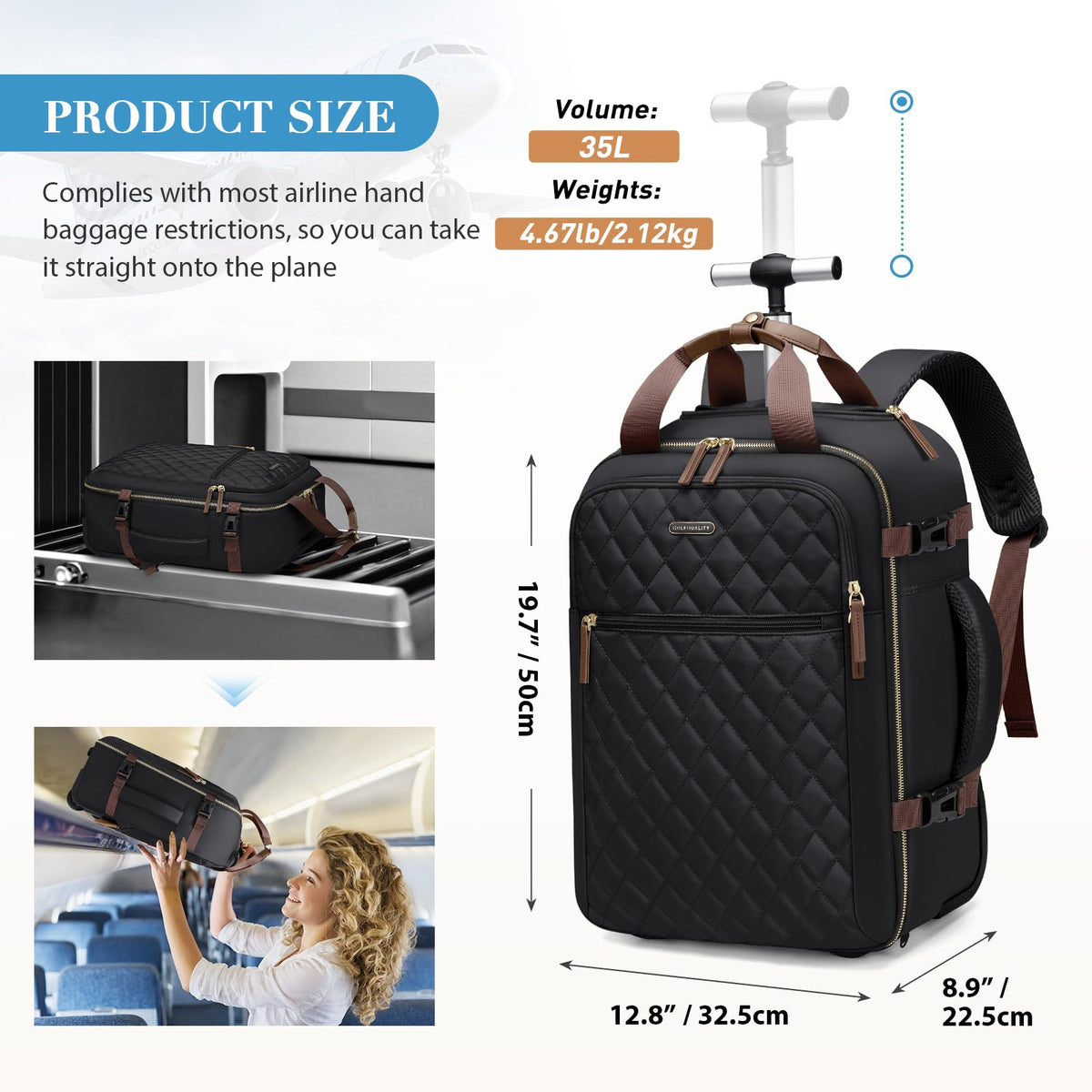 Black Rolling Laptop Backpack with Wheels Z6715
