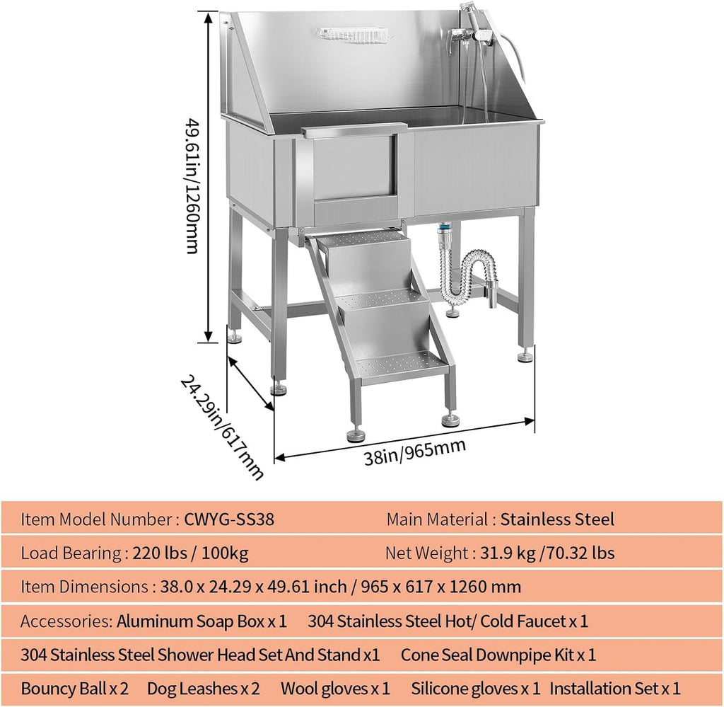 38 Inch Stainless Steel Dog Grooming Tub with Ramp B19176