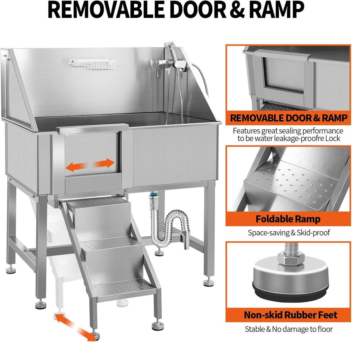38 Inch Stainless Steel Dog Grooming Tub with Ramp B19176