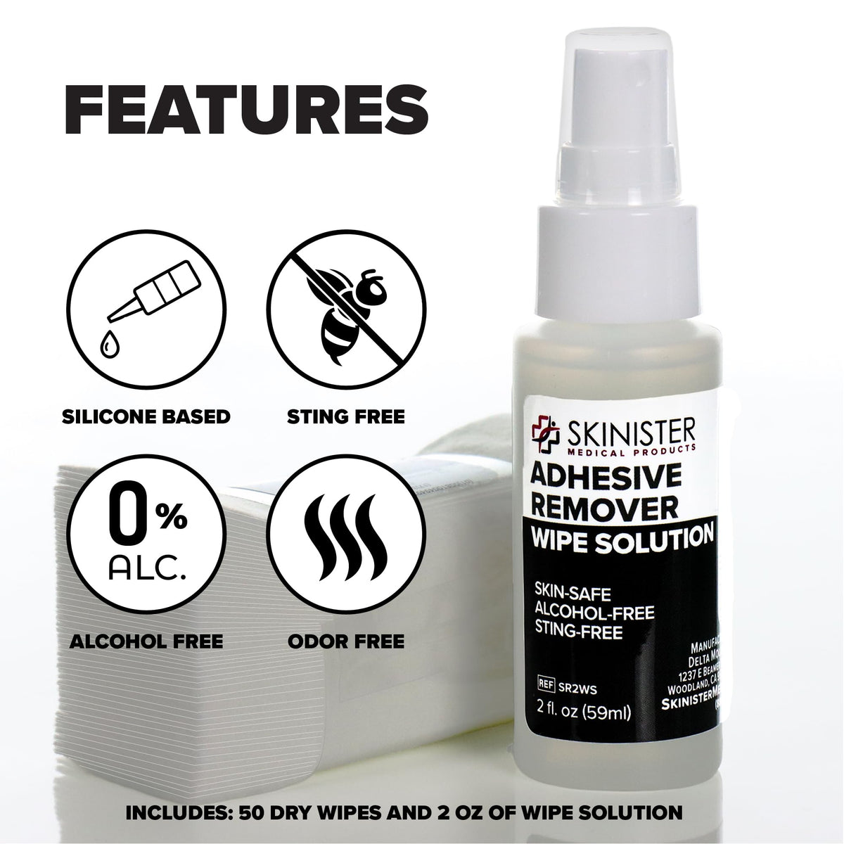 Adhesive Remover Wipes 50 Dry Wipes + 2oz Spray Solution A164