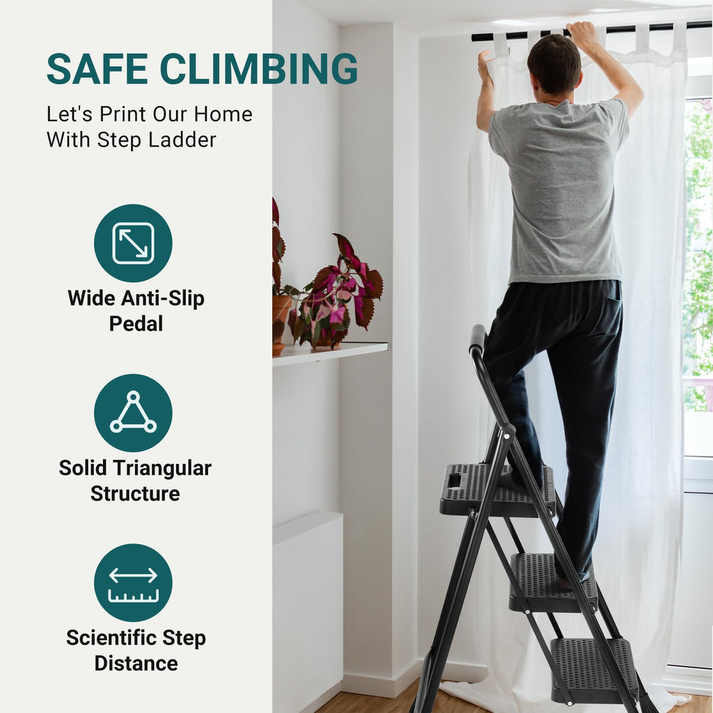 3 Step Ladder 500lbs Capacity Foldable Step Stool V73226