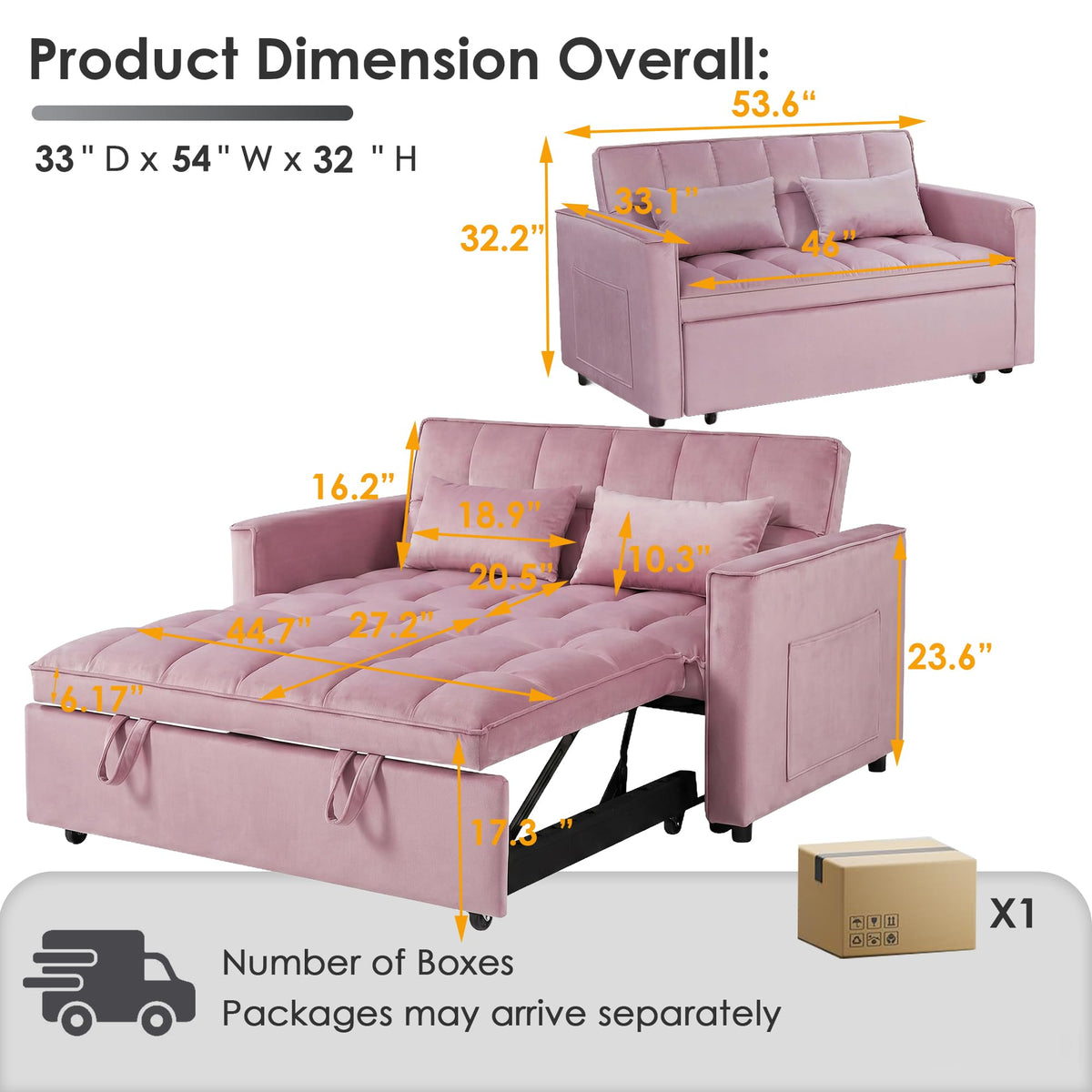 Pink Velvet 54" Sleeper Sofa X756