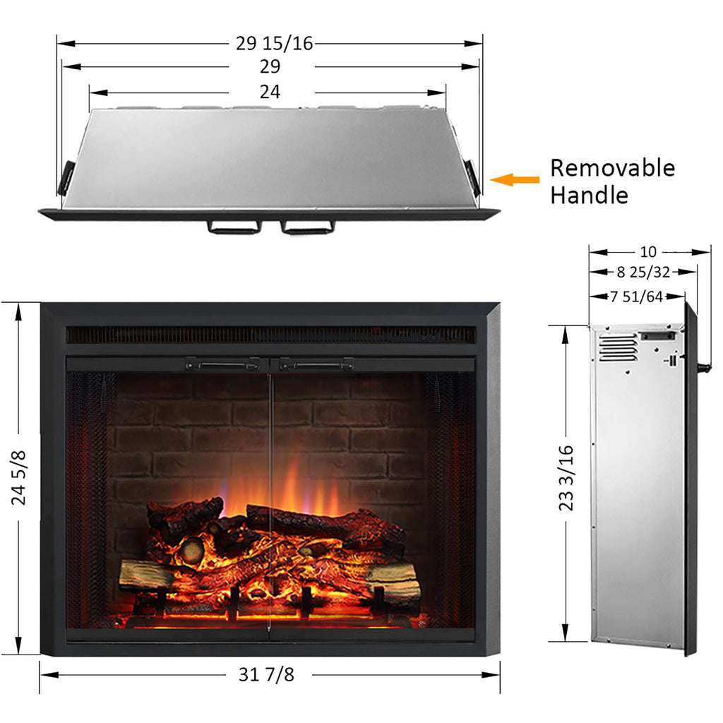 Black Electric Fireplace Insert with Glass Door and Mesh Screen, 750/1500W J10842