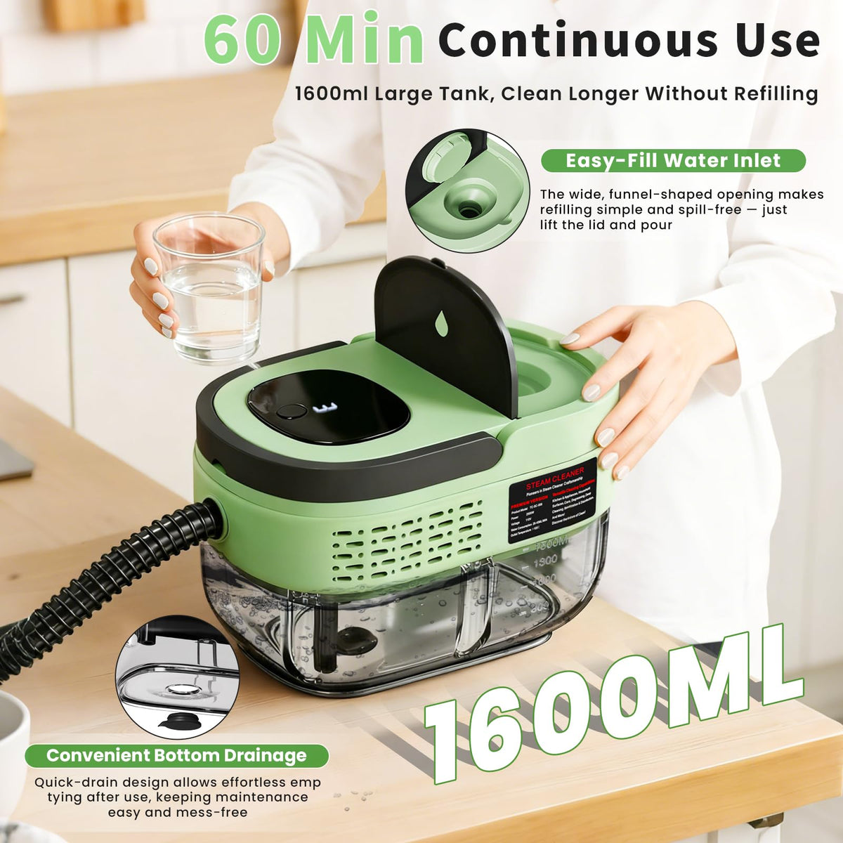 2500W Handheld Steam Cleaner, 3 Steam Levels, 1600Ml Tank V719