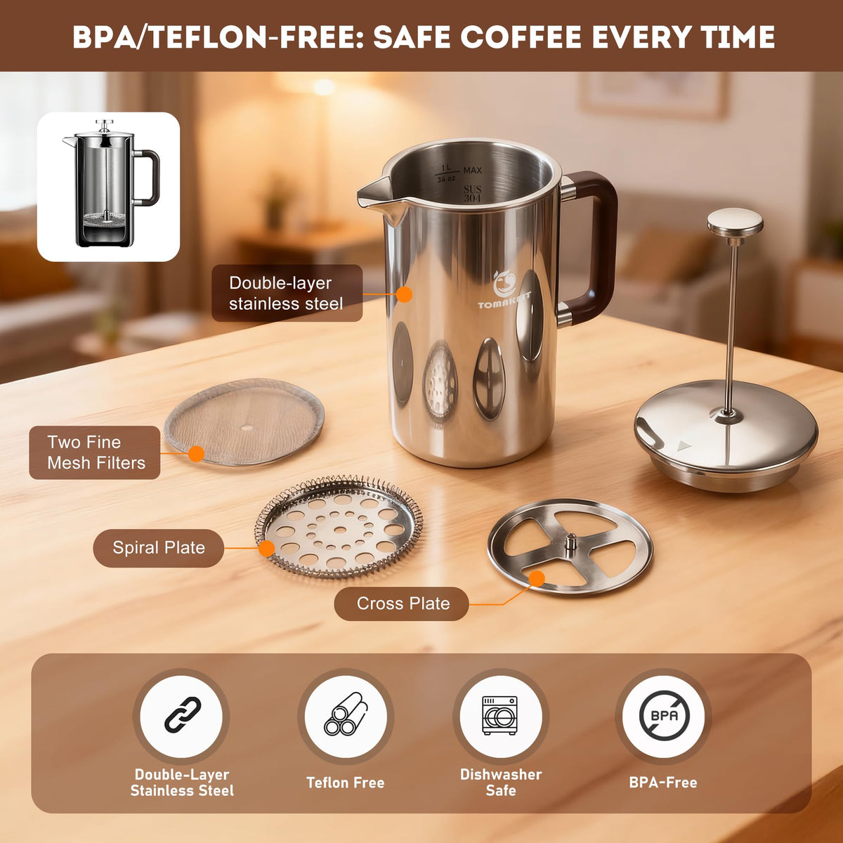 1L Stainless Steel French Press Coffee Maker G8698