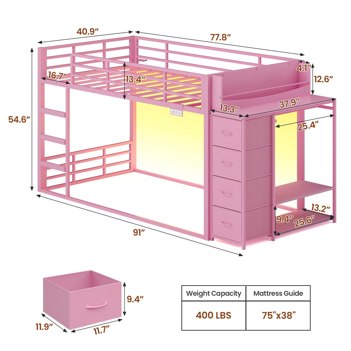 Pink Twin Over Twin Bunk Bed with Bookshelf & Storage Drawer S614