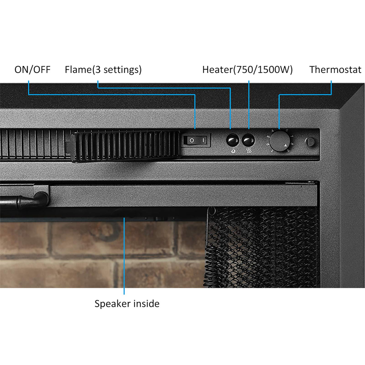 Black Electric Fireplace Insert with Glass Door and Mesh Screen, 750/1500W J10842
