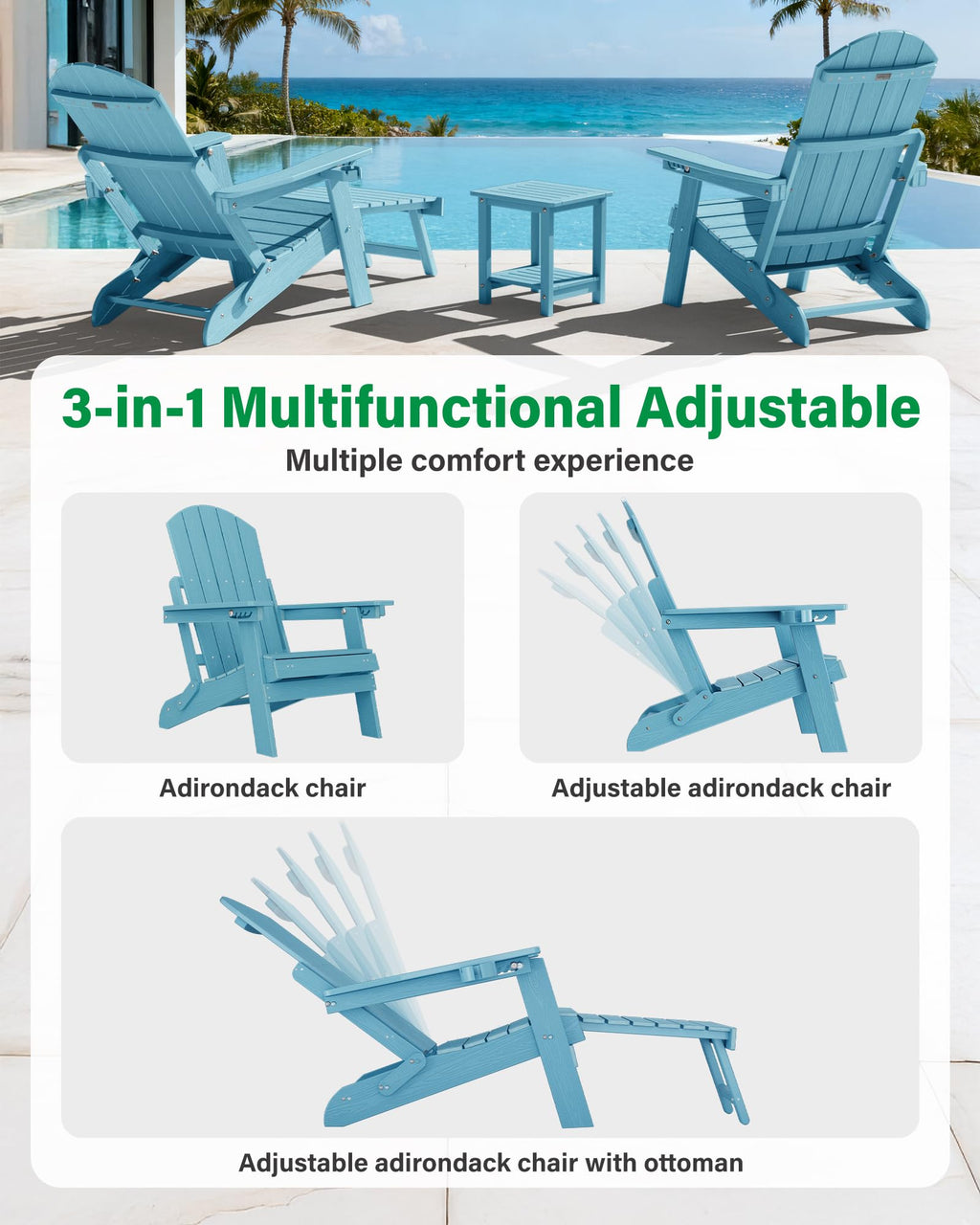 Blue Set of 2 Adirondack Chair with Footrest J9172