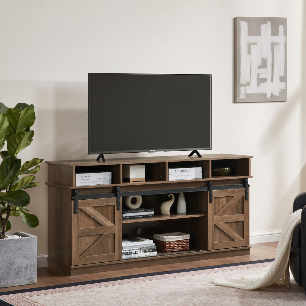 Farmhouse Wood TV Stand with Sliding Barn Doors J83407