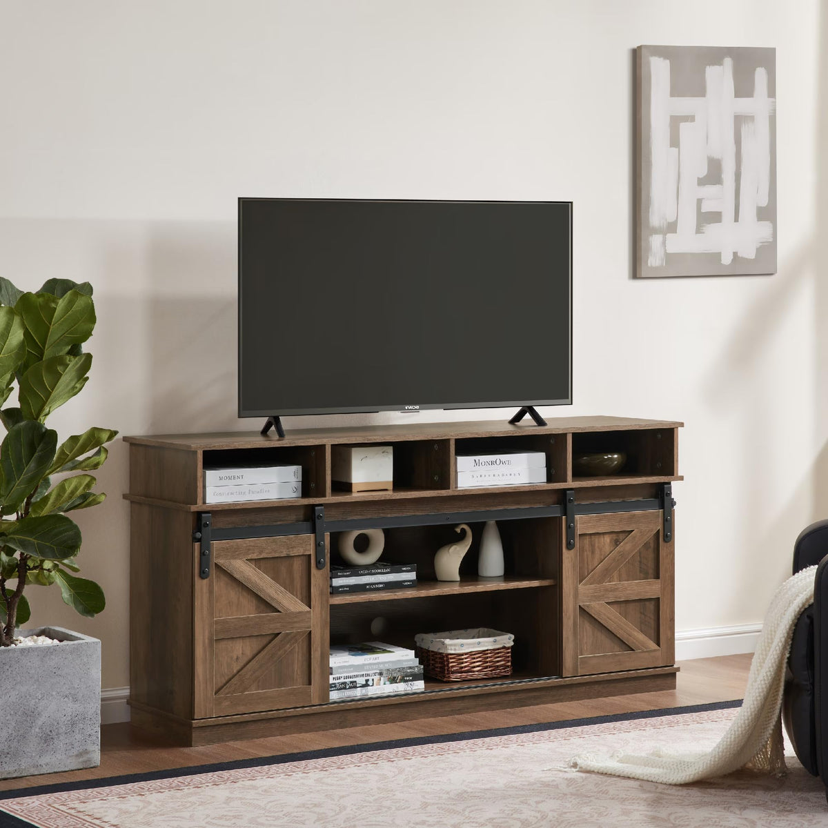 Farmhouse Wood TV Stand with Sliding Barn Doors J83407